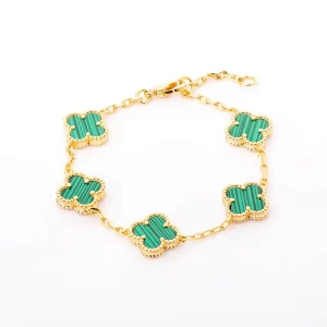 Golden plated bracelet five-rose with green stone