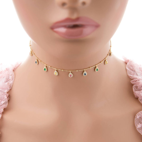 925 Silver golden choker with colored stones